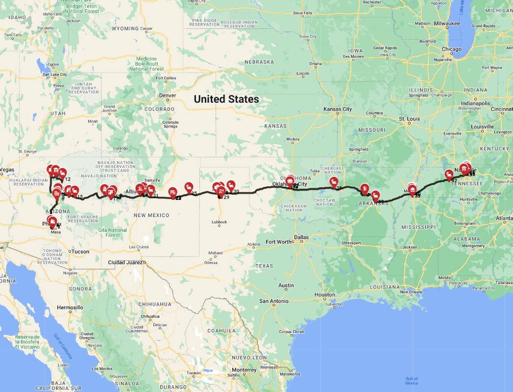 15 days  motorhome drive from Phoenix to Nashville